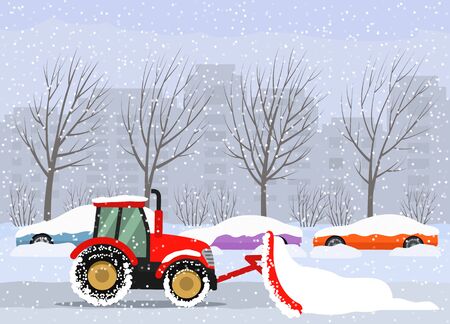 138249110 traktor sprząta ulice w mieście po obfitych opadach śniegu i gradzie zaparkowane samochody na ulicy