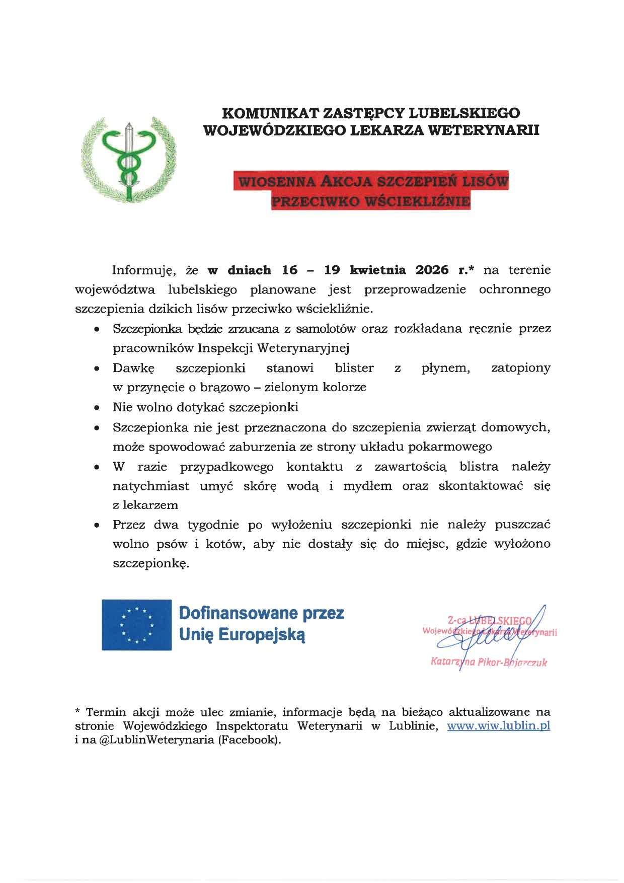 komunikat wiosenna akcja szczepienia lisów zLWLW page 0001