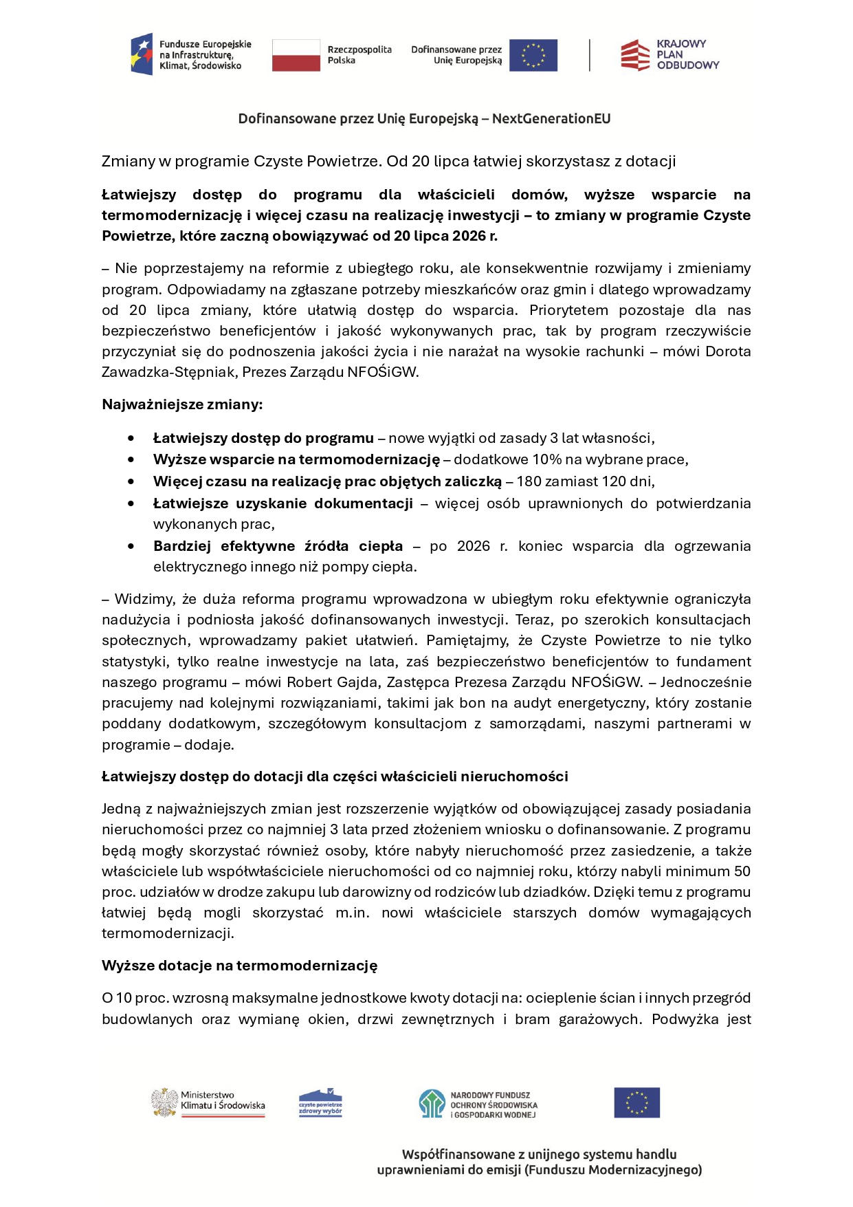 Zmiany w programie Czyste Powietrze od 20 lipca łatwiej skorzystasz z dotacji KOMUNIKAT PRASOWY page 0001